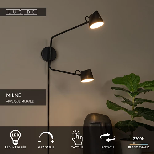 Lucide MILNE - Applique murale - LED Dim. - 2x8W 2700K - Noir - USP